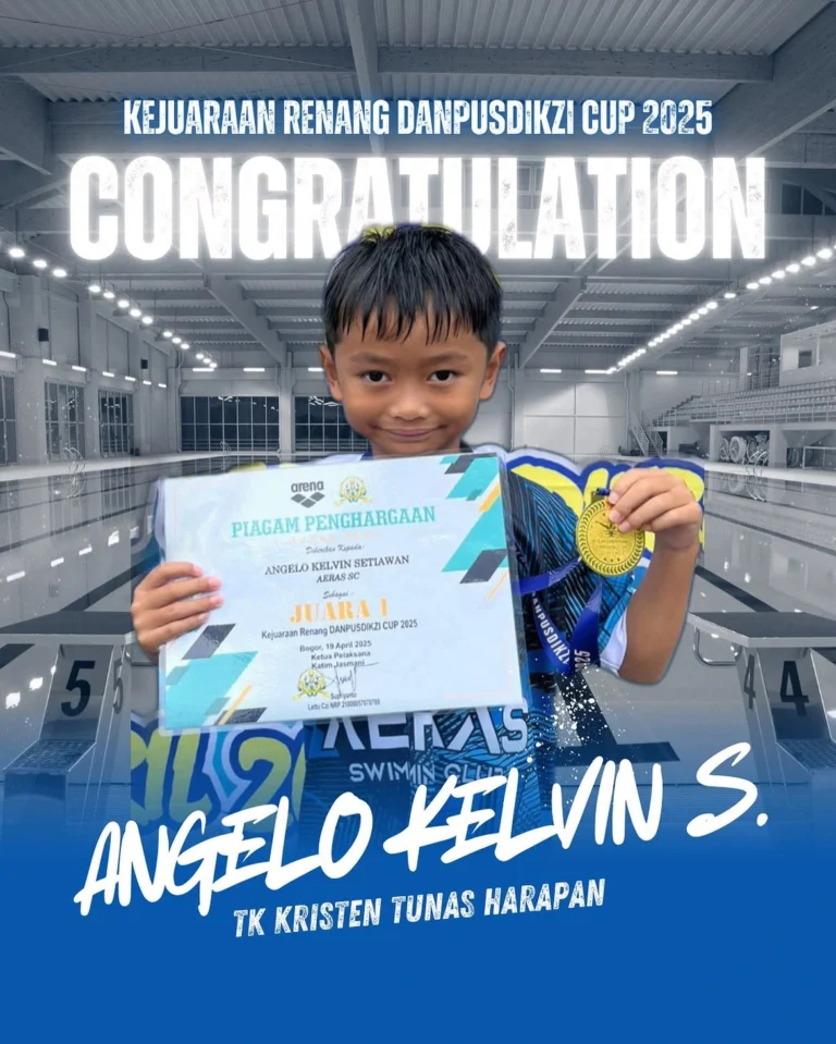 Angelo Kelvin S. berhasil meraih Juara 1 dalam lomba renang DANPUSDIKZI CUP 2025,Kerja keras da